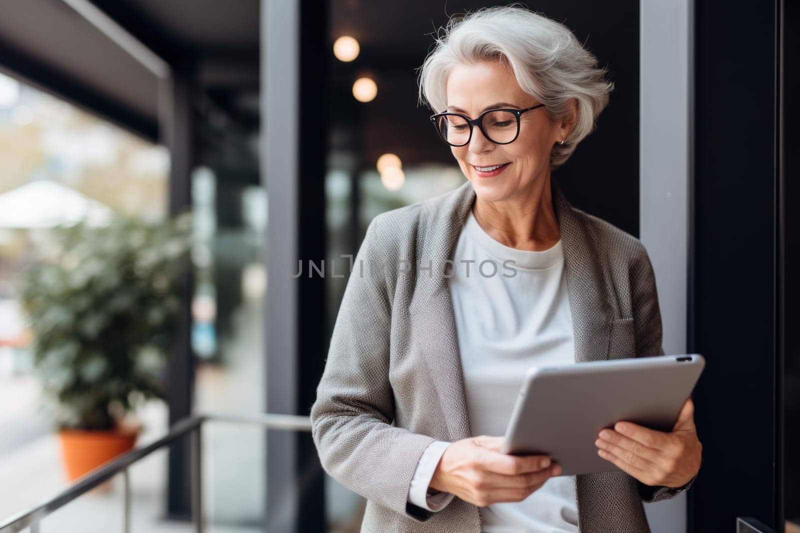 Wise Old woman with tablet. Using screen. Generate Ai