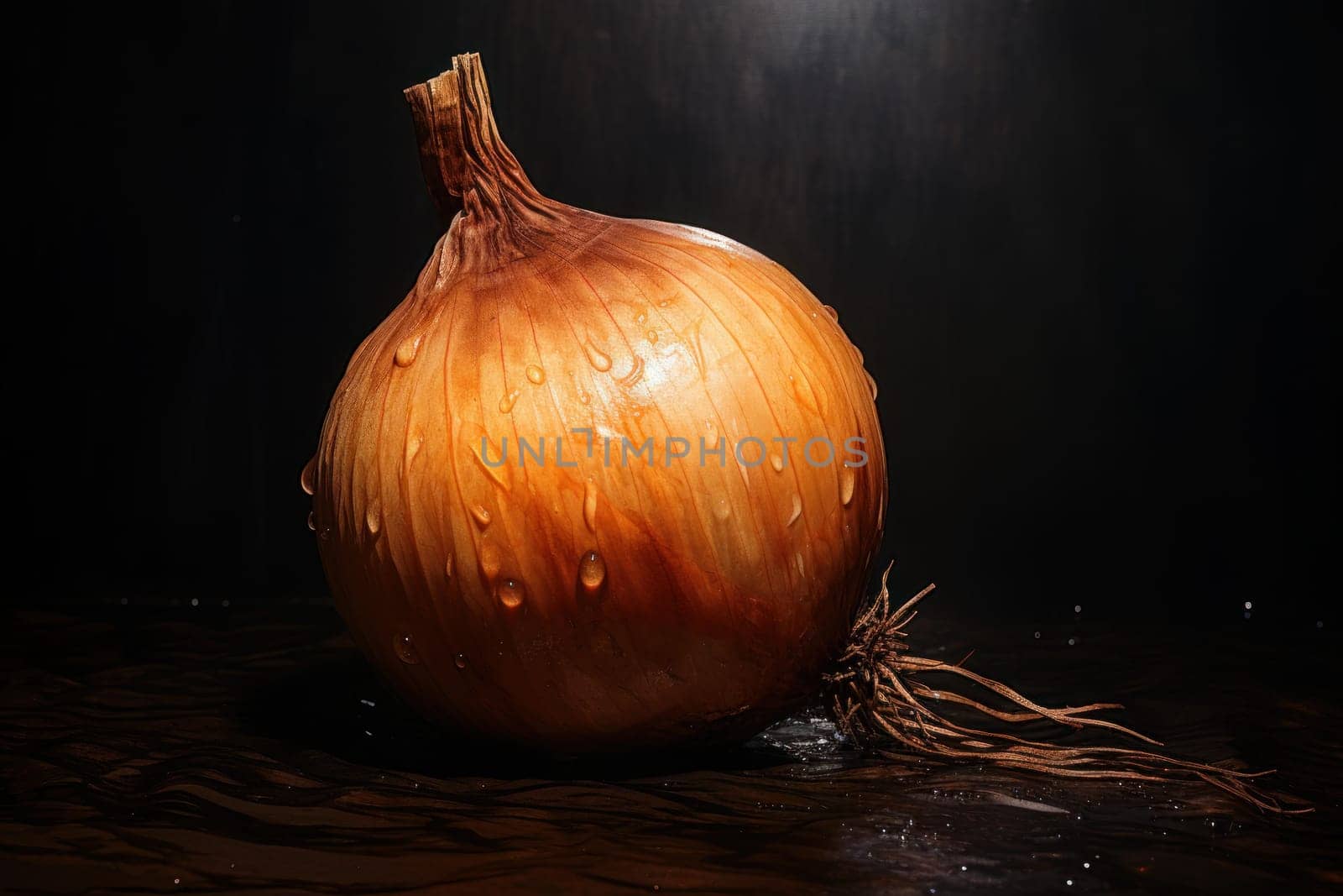 Onion on black background. Fruit with water drops. Generate Ai