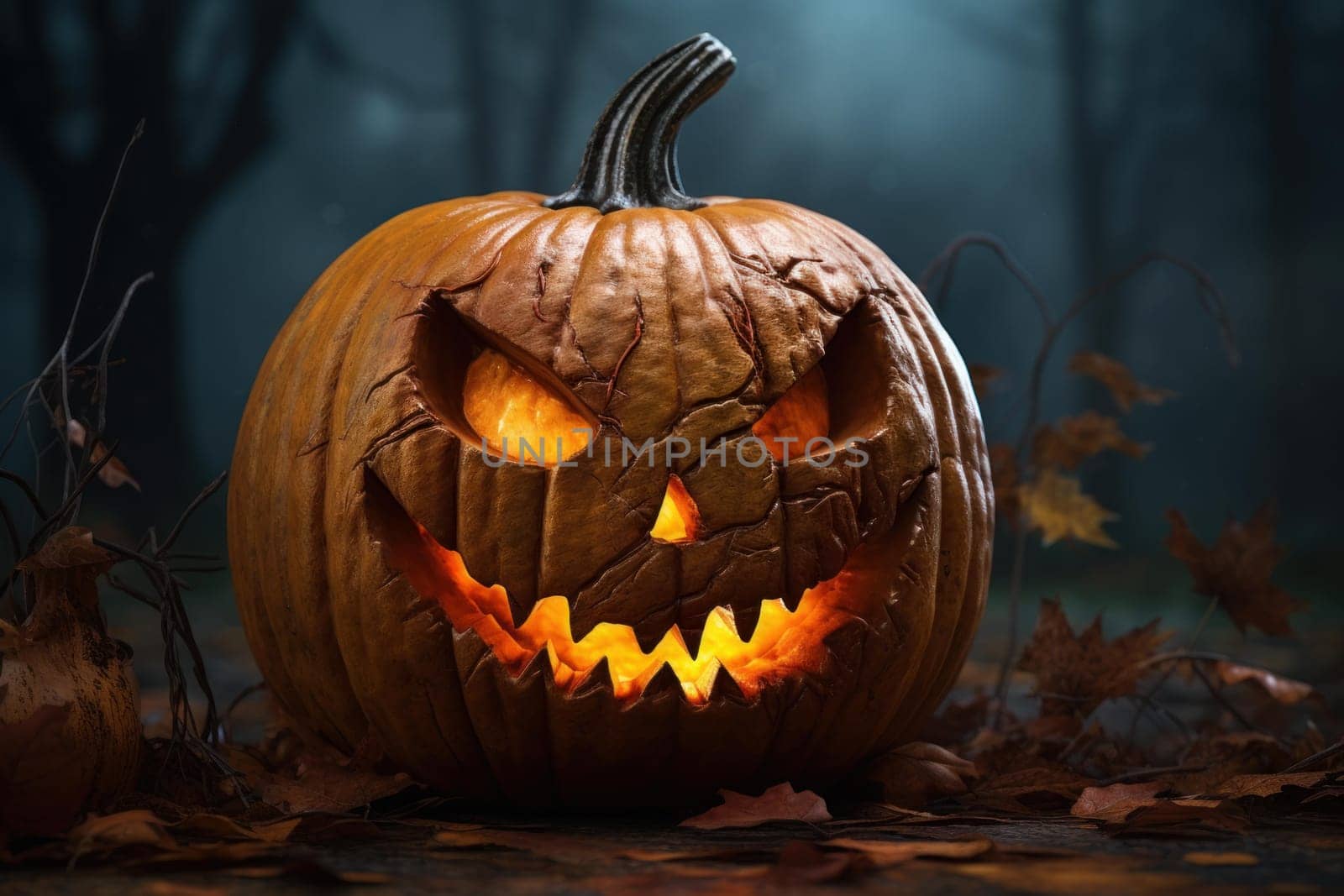 Carved Halloween spooky pumpkin scary. Forest jack. Generate Ai