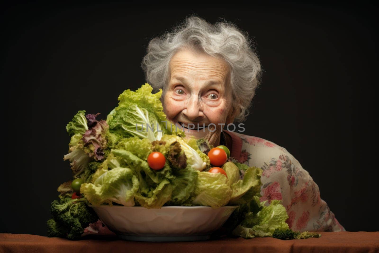 Woman senior take salad bowl. Natural container. Generate Ai