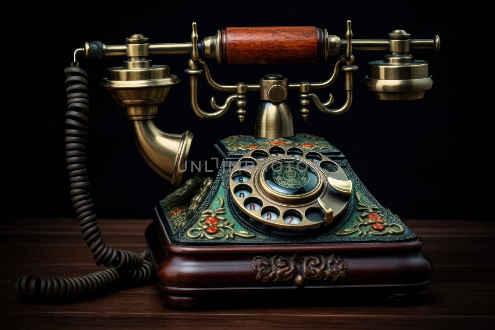 Antique Old fashioned telephone. Dial phone art receiver. Generate Ai
