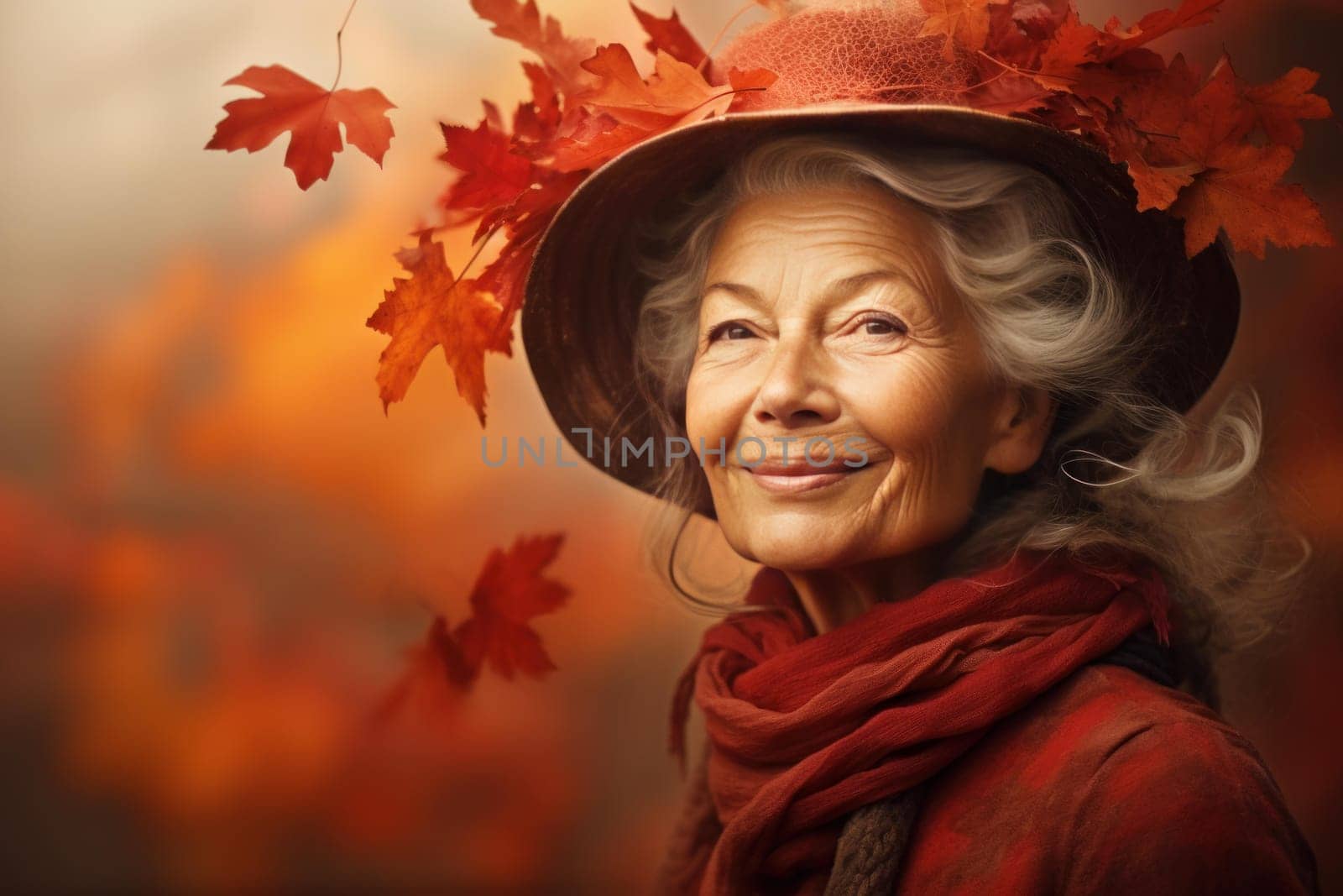 Radiant Smiling older woman with autumn leaves background. Adult female in casual fall outfit. Generate ai