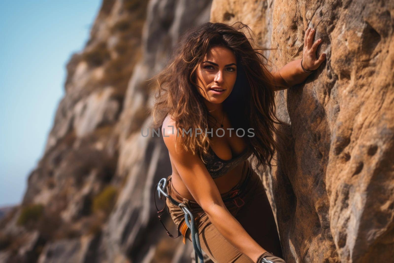 Adventurous Young woman rock climbing fitness. Adventure gym. Generate Ai