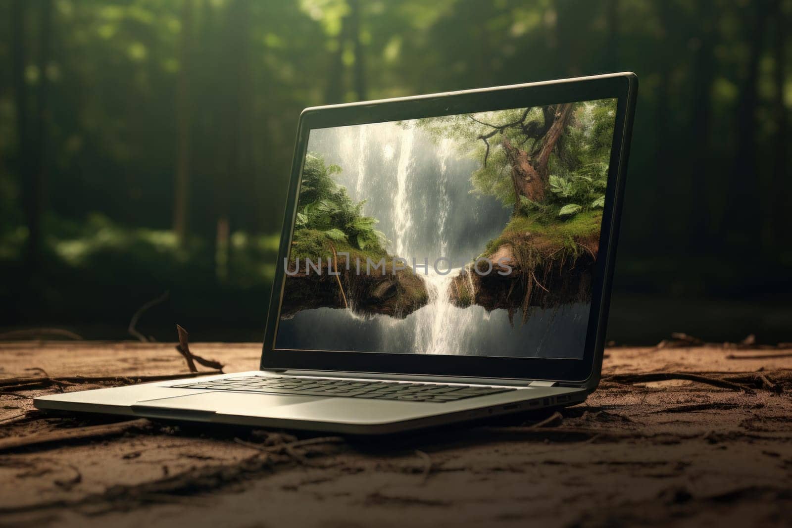 Functional Open laptop. Internet room view. Generate Ai