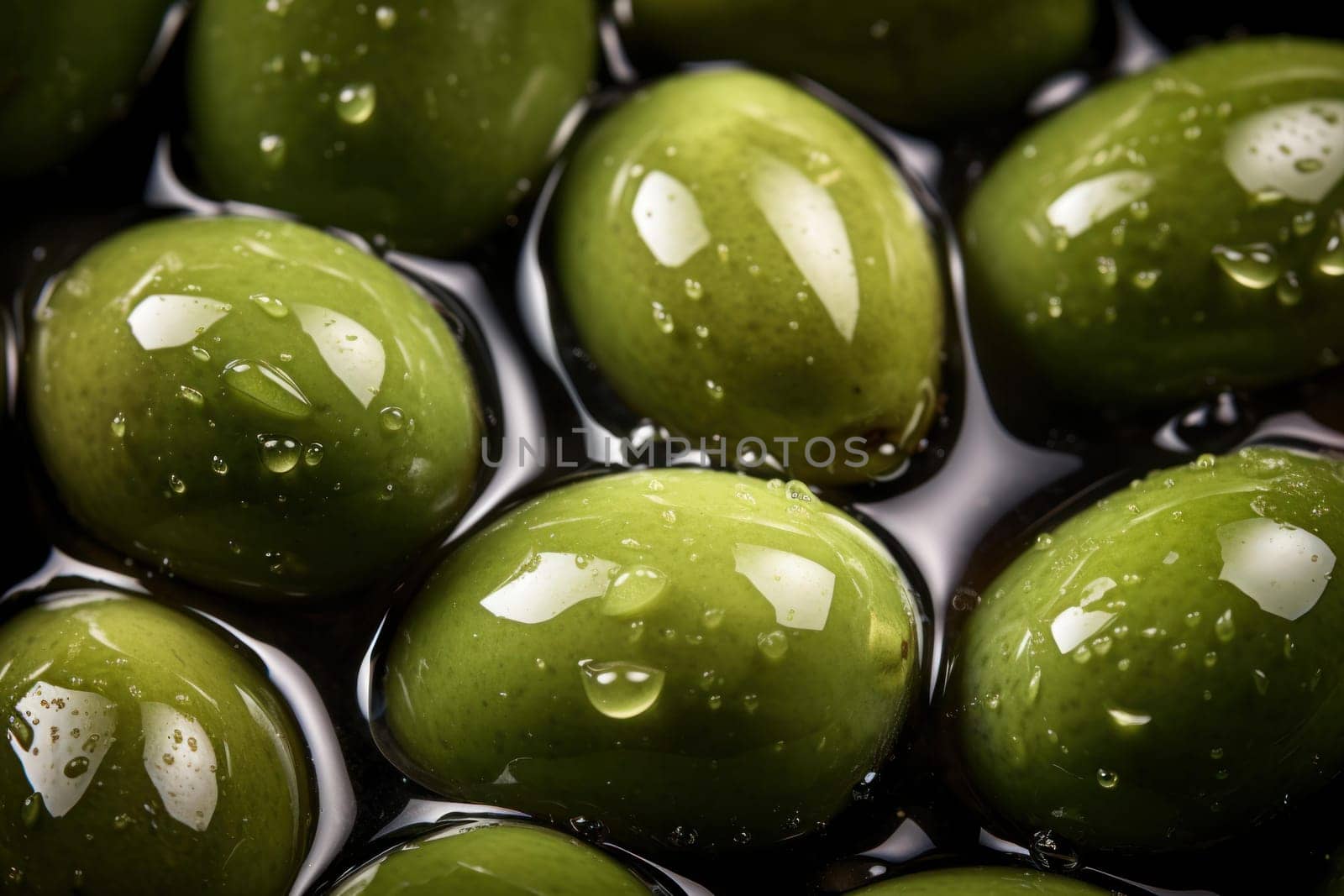 Tangy Olives black closeup food. Oil macro. Generate Ai
