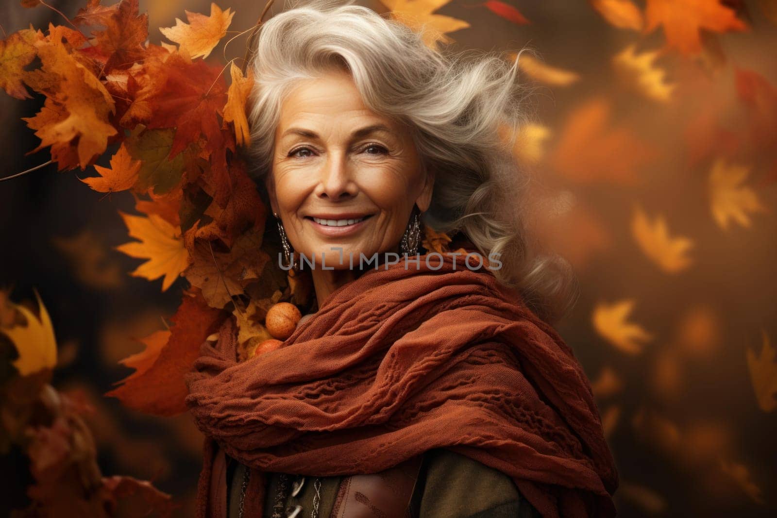 Smiling older woman with autumn leaves background. Adult female in casual fall outfit. Generate ai