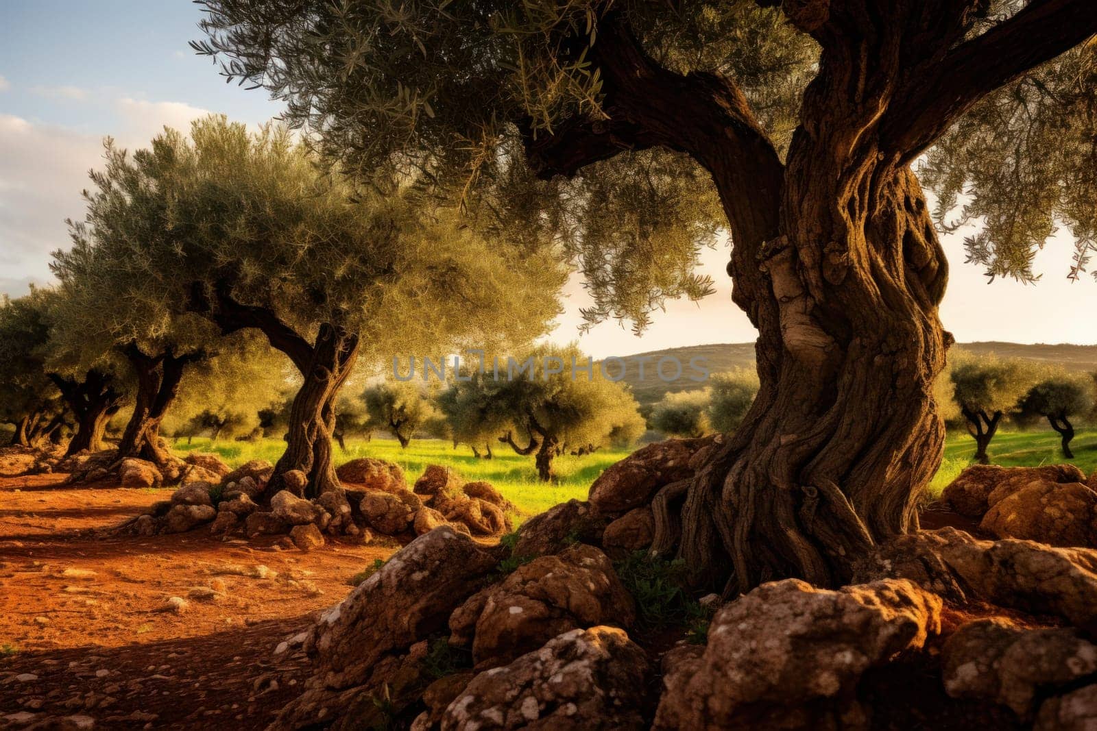 Olives tree oil. Harvest green food. Generate Ai