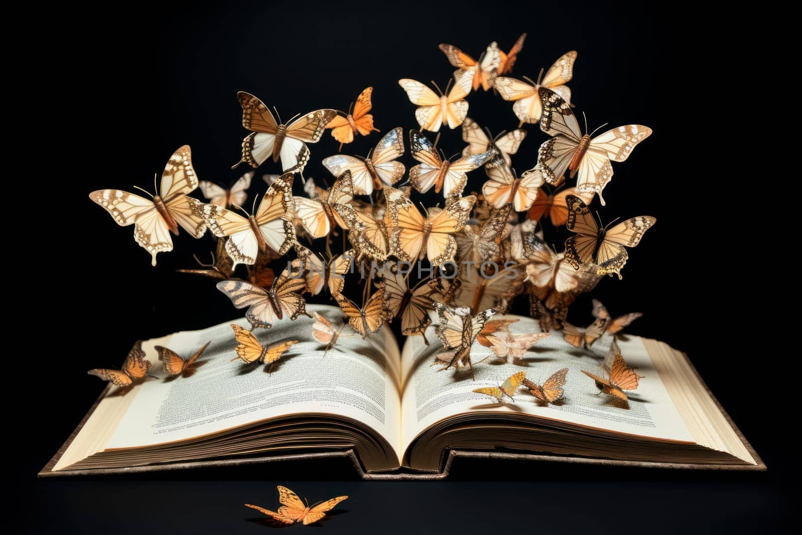 Spellbinding Open magic book butterfly. School story. Generate Ai