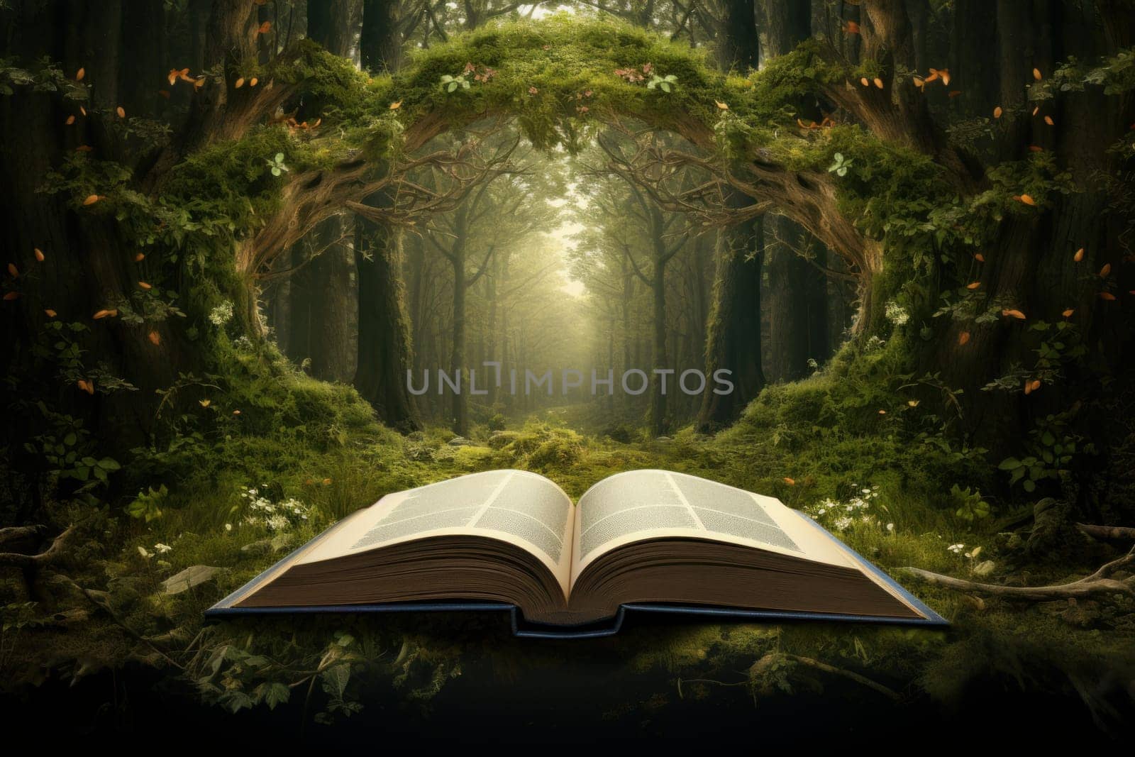 Mysterious Open magic book forest. Old art. Generate Ai