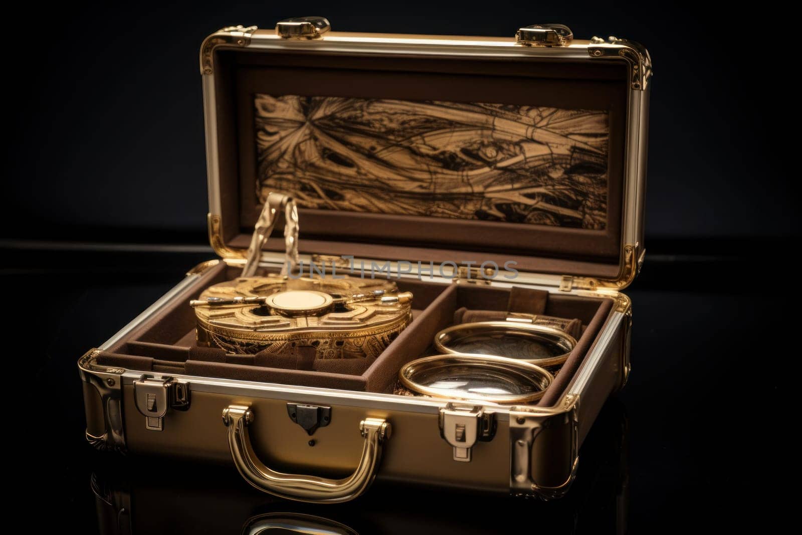 Intriguing Open suitcase golden. Rich wealth. Generate Ai