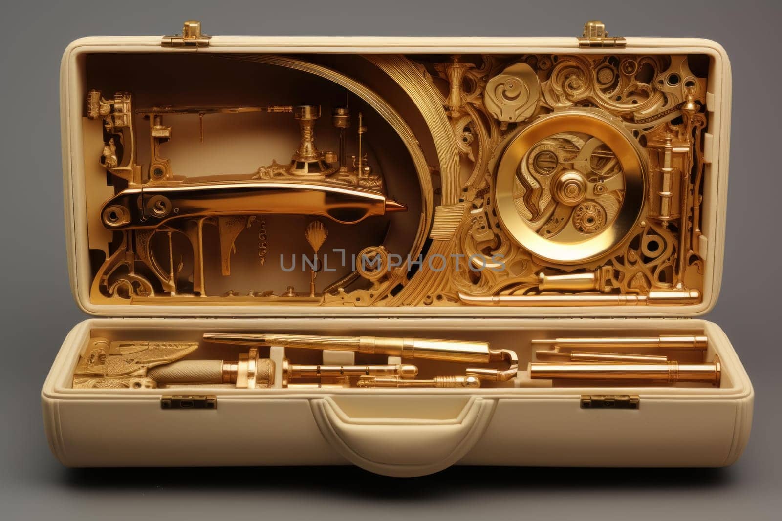 Open suitcase golden. Rich wealth. Generate Ai