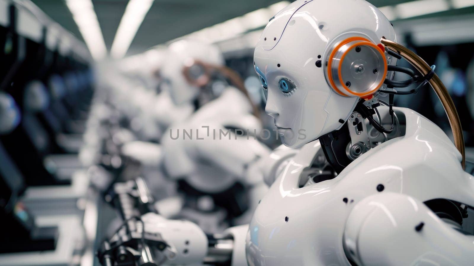 Group of robots working on a segment of the assembly line, showcasing the harmony between technology. AI generated.