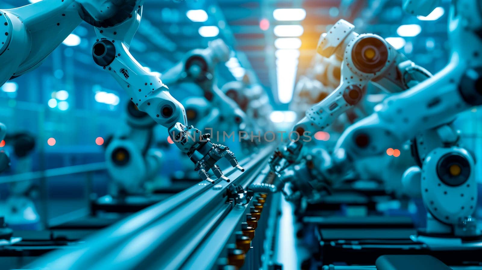 Robots working on a segment of the assembly line, showcasing the harmony and communication between technology. AI generated.