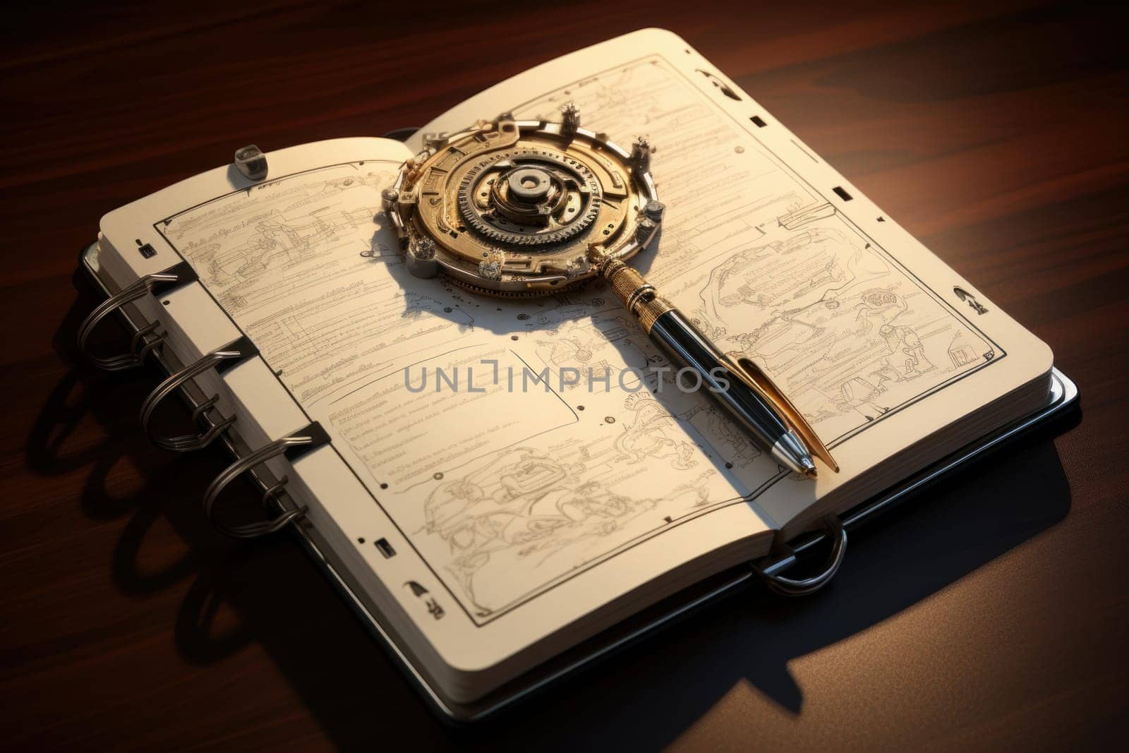 Stationery-adjacent Open notebook pen document closeup. Wood letter empty instrument writing. Generate Ai