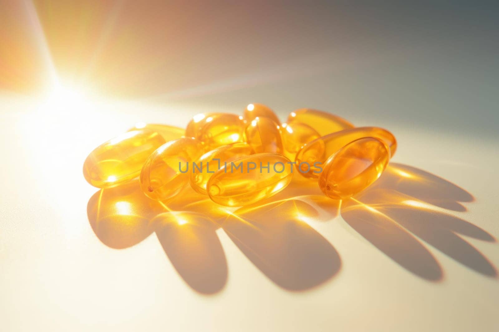 Natural Omega capsules sunlight. Healthy lifestyle. Generate Ai