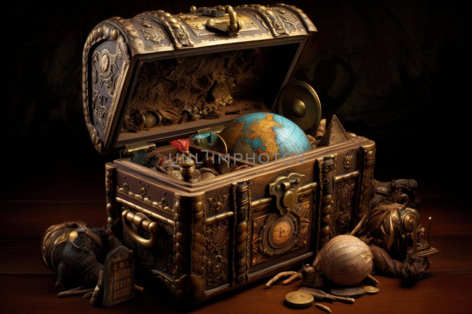 Opened pirate chest. Pirate treasure. Generate Ai