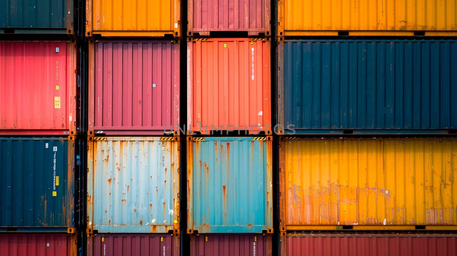 Colorful ship cargo containers stacked up in a port. AI generated