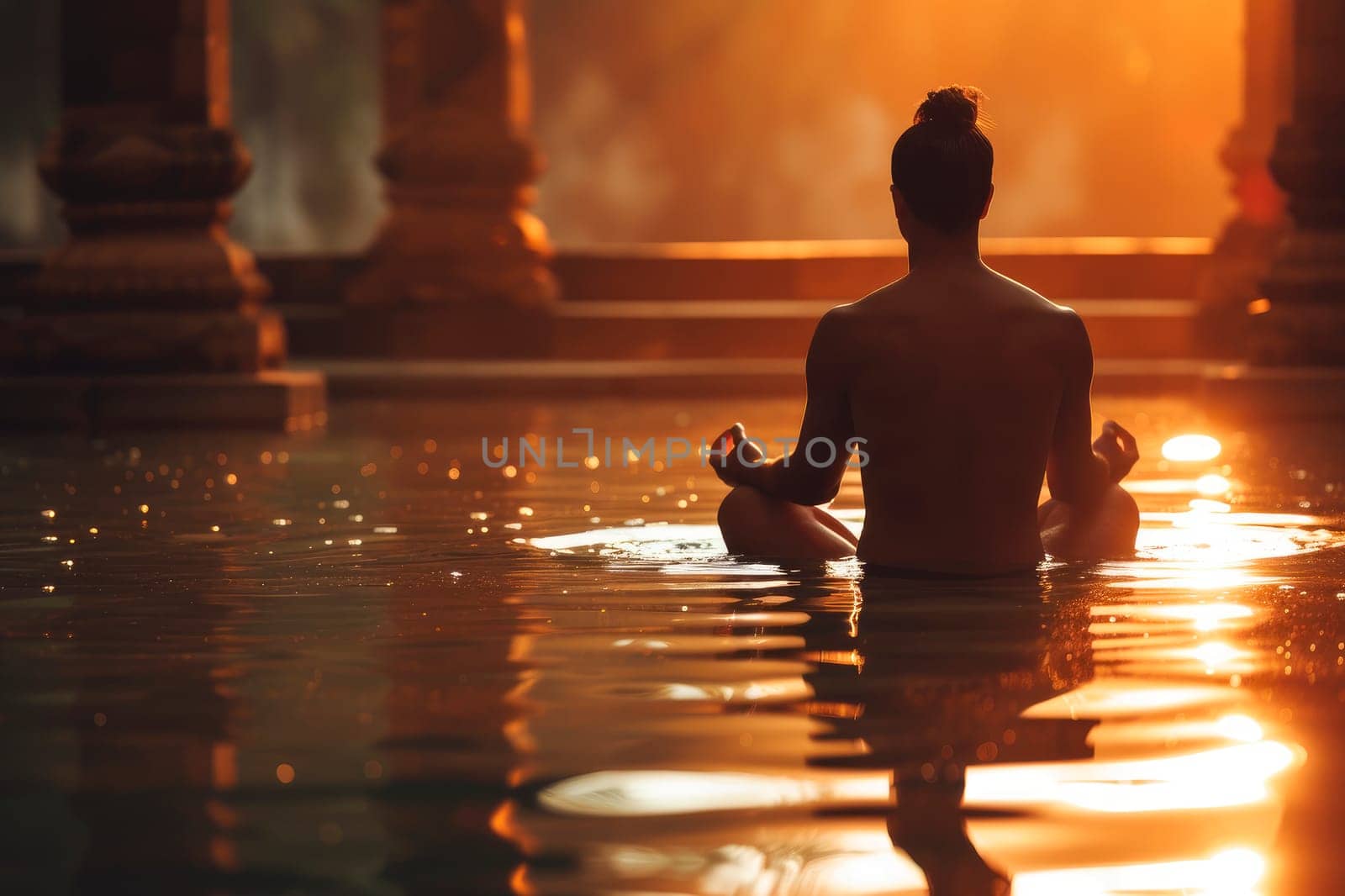 Meditation in tranquility. Silhouette young man practicing yoga in the water at sunset. AI generated