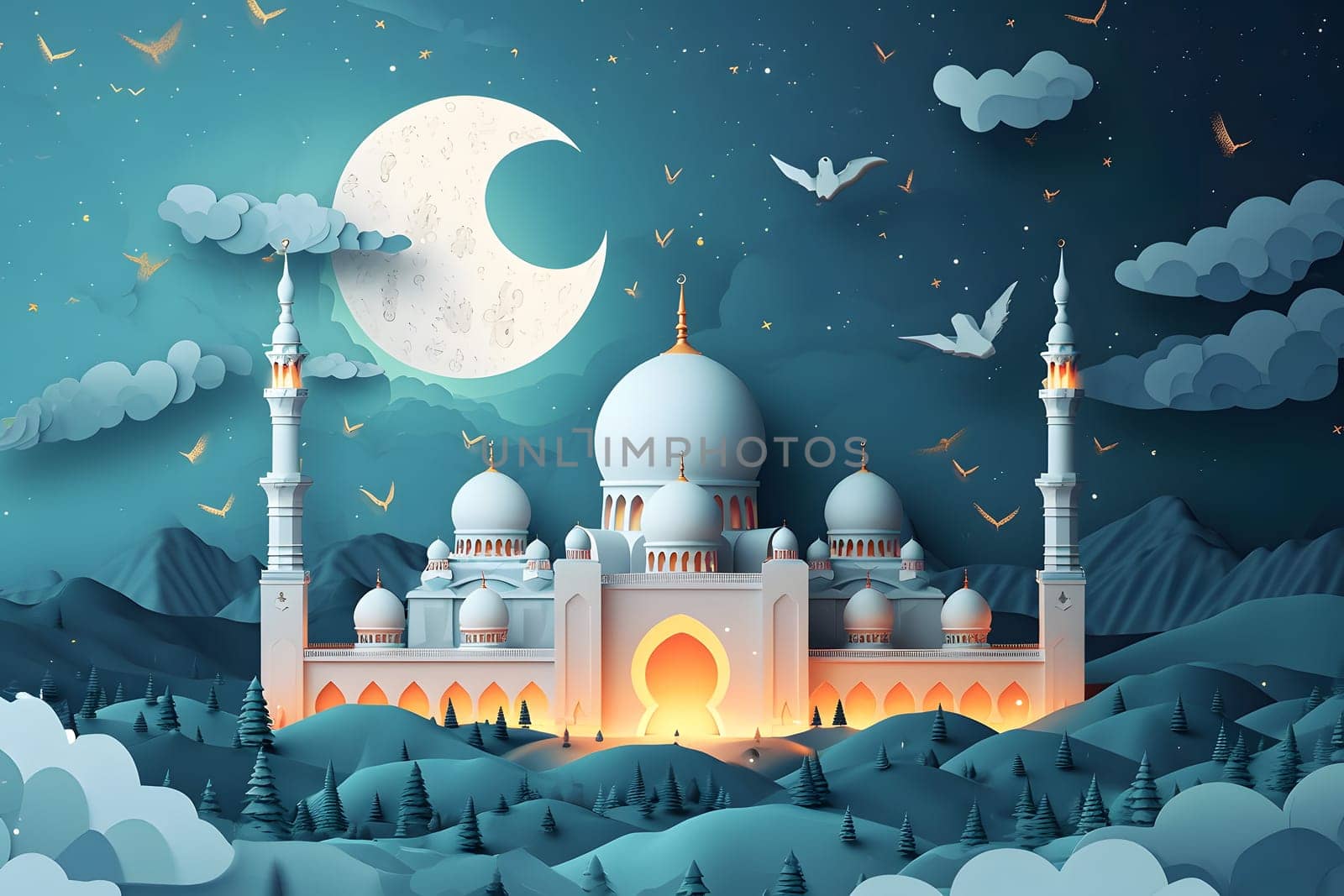 Ramadan mosque with night afterglow sky with crescent. Neural network generated in January 2024. Not based on any actual scene or pattern.