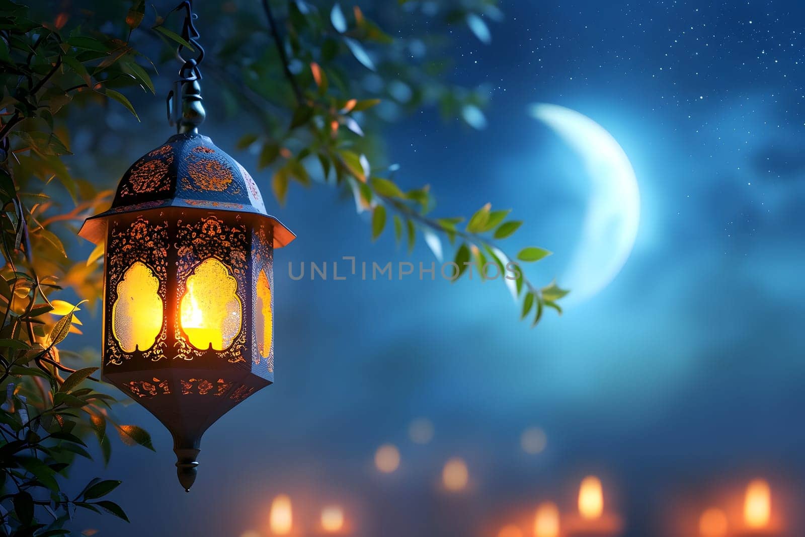 fanous Ramadan lanterns at starry night with crescent. Neural network generated in January 2024. Not based on any actual scene or pattern.