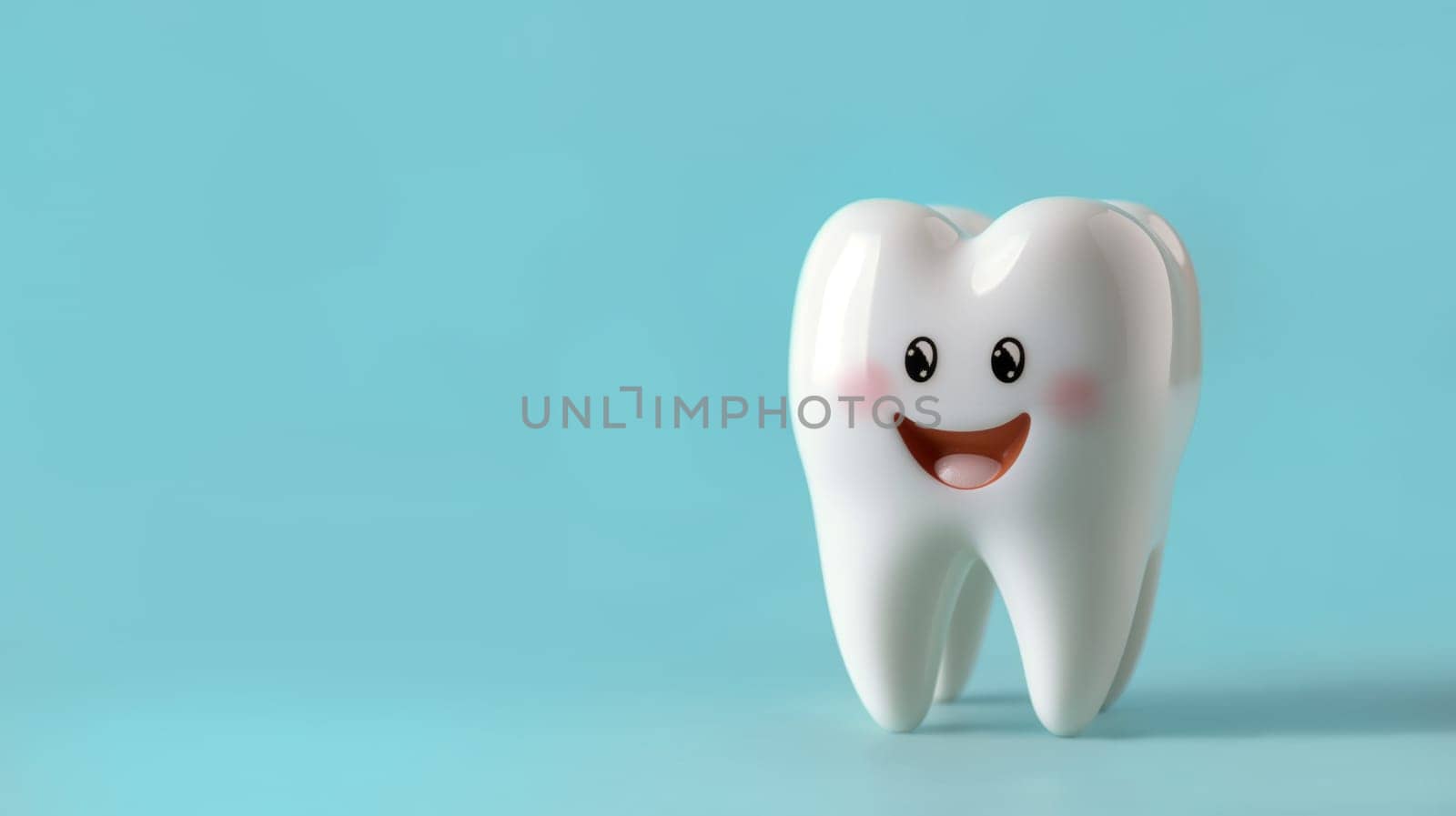 3D Tooth Character Smiling over Blue Isolated Background with copy space banner. Dental concept