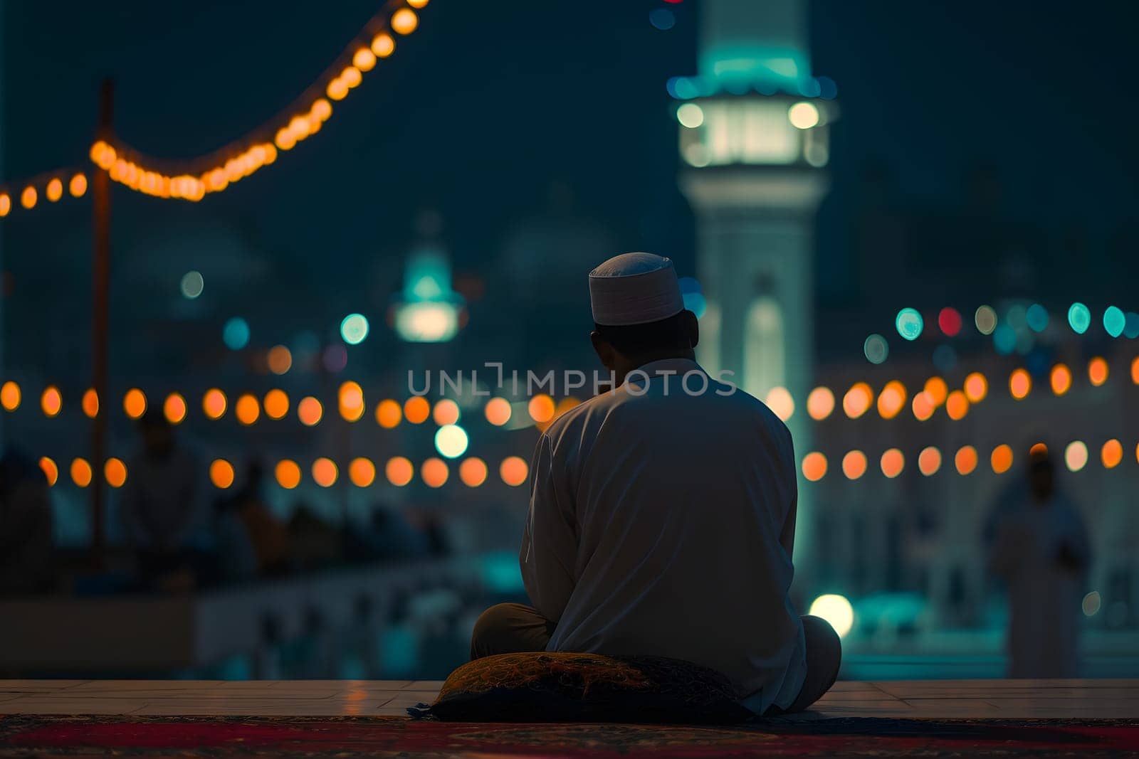 Muslim prayer in white clothes sitting in front of mosque at Ramadan night with selective focus. Neural network generated in January 2024. Not based on any actual scene or pattern.