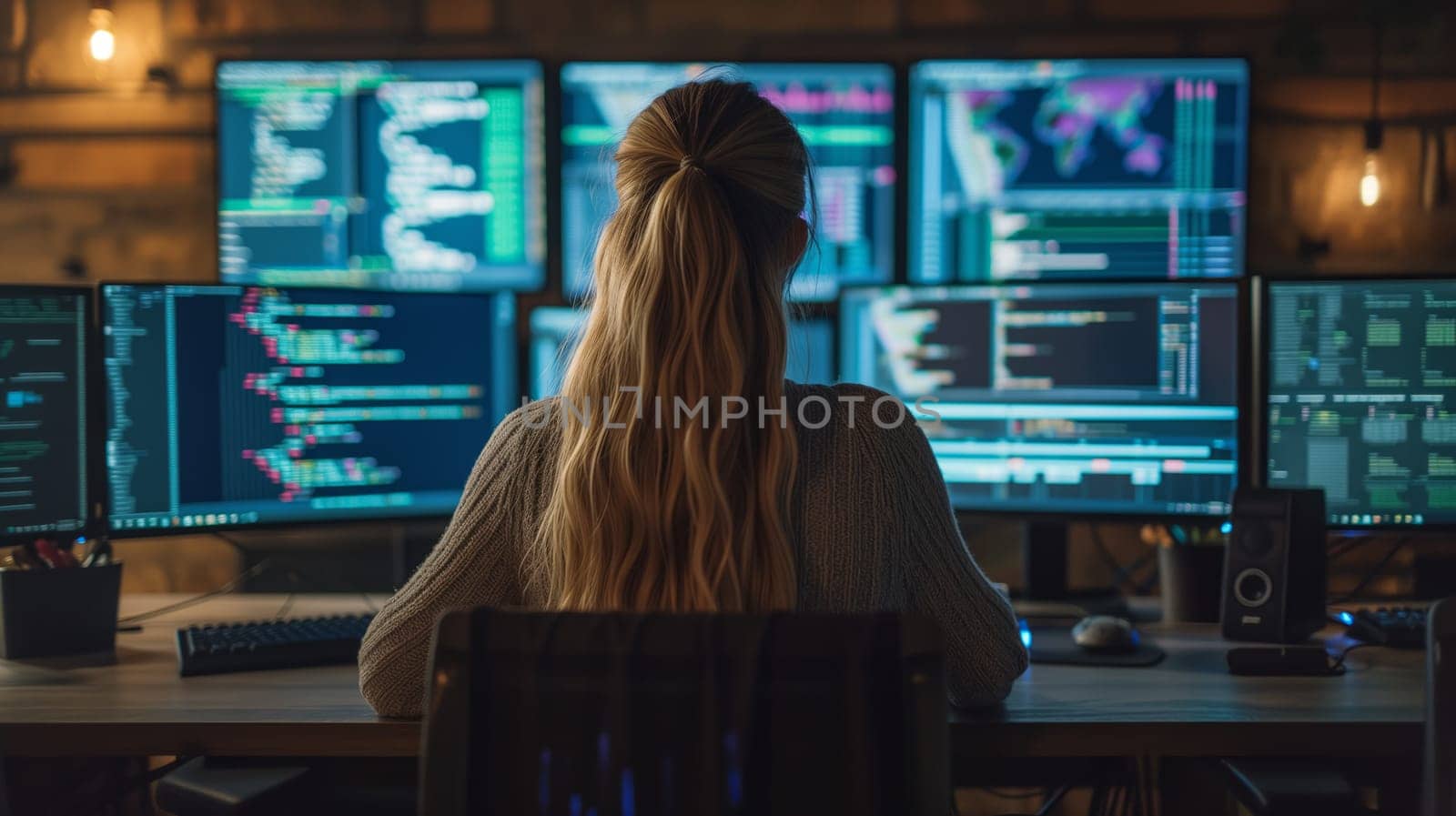 Cyber Security. Female Programmer Coding on Desktop Computer With Several Displays in Dark Office. Back view.