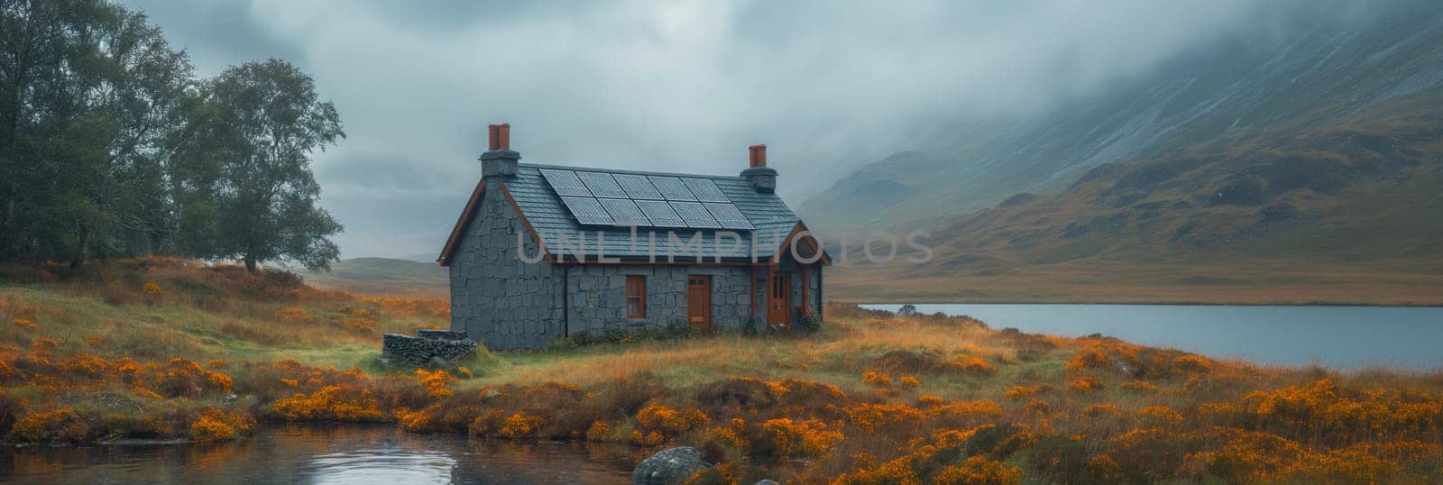 Solar panels on the roof of the modern house standing alone in the wild