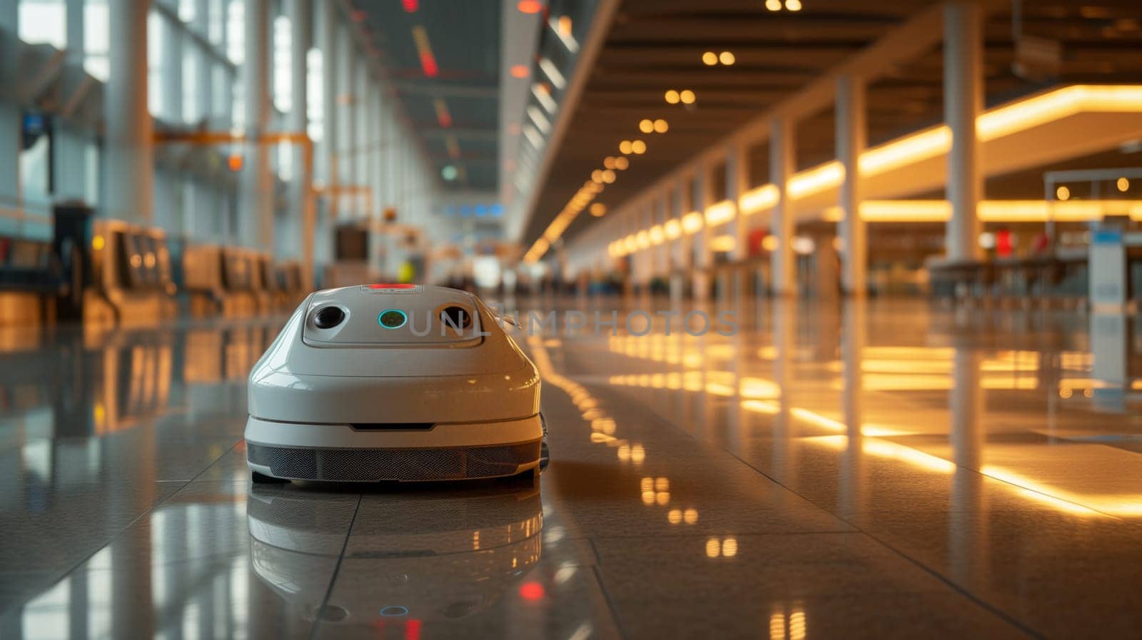 Industrial automatic robot cleaner mopping the floor in the Airport or Mall