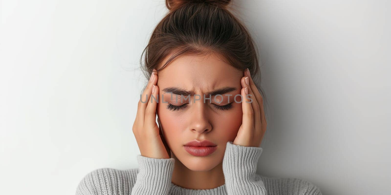 Young woman is suffering from a headache on light color background. Studio shot