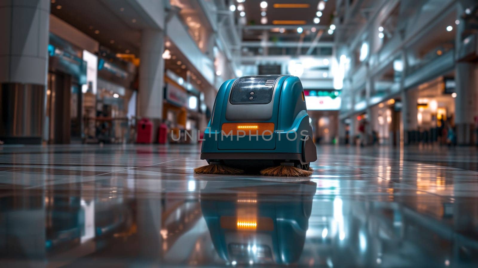 Industrial automatic robot cleaner mopping the floor in the Airport or Mall