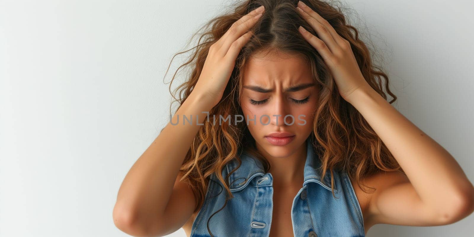Young woman is suffering from a headache on light color background. Studio shot