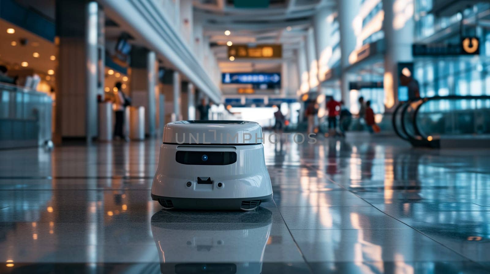 Industrial automatic robot cleaner mopping the floor in the Airport or Mall