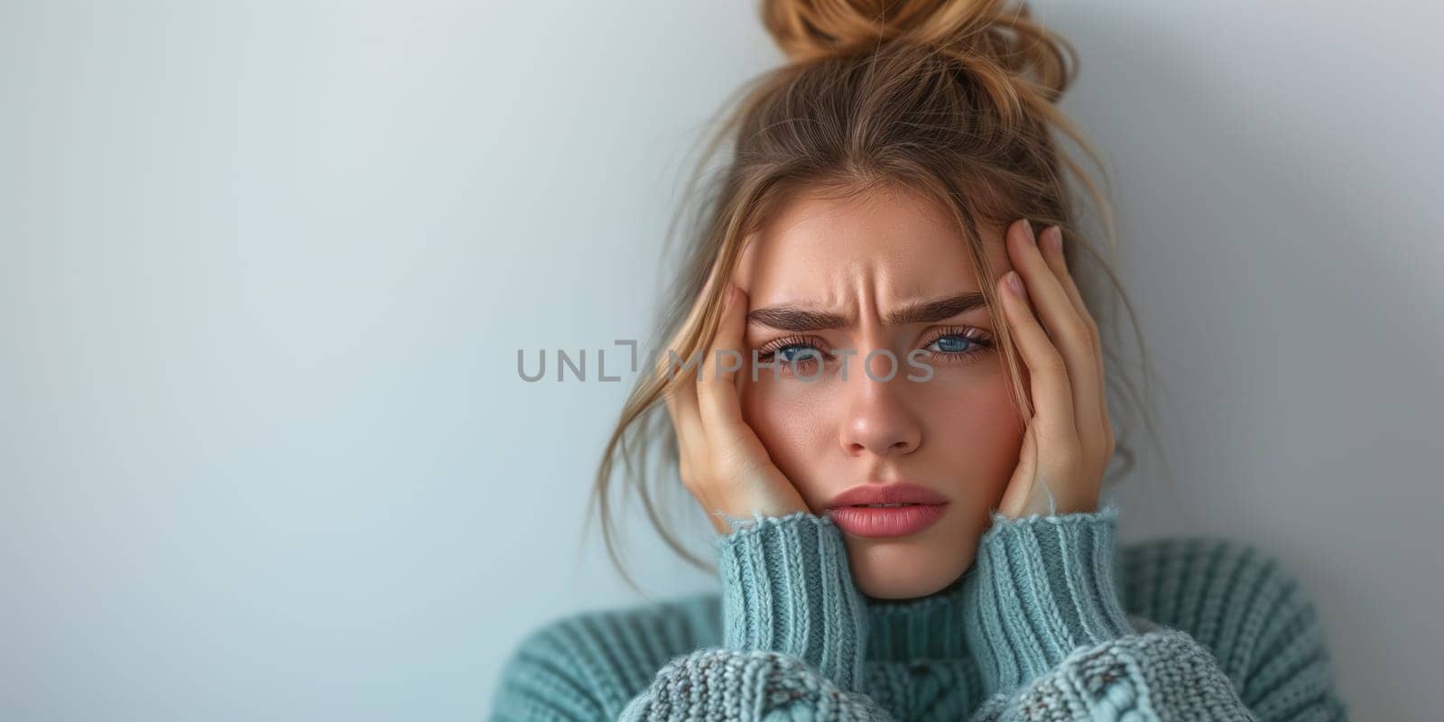 Young woman is suffering from a headache on light color background. Studio shot