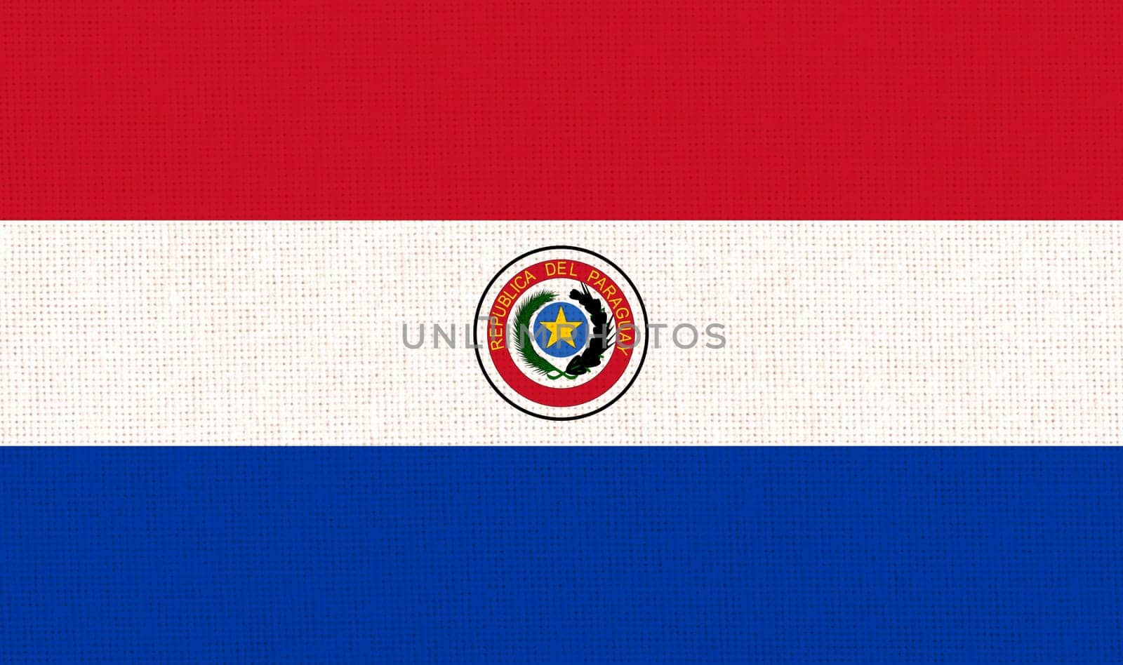 Flag of Paraguay. Paraguay flag on fabric surface. Fabric Texture. National symbol. Republic of Paraguay. Paraguay national flag. state symbol