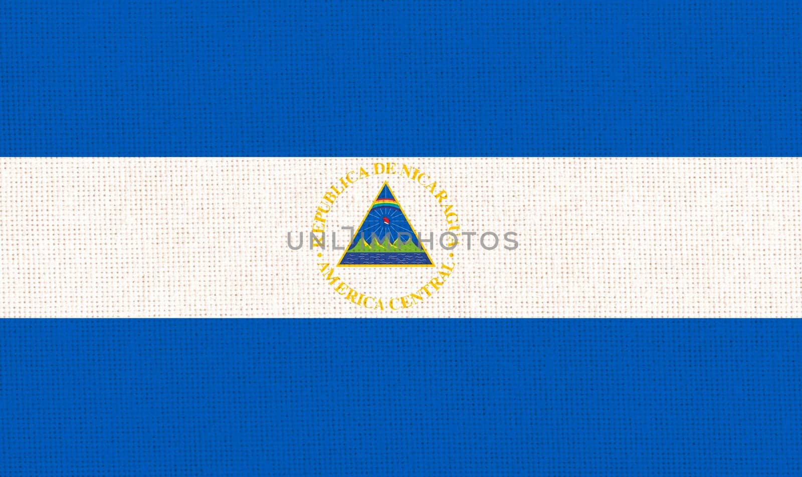 Flag of Nicaragua. Nicaragua flag on fabric surface. Fabric Texture. National symbol. Republic of Nicaragua. Caribbean country