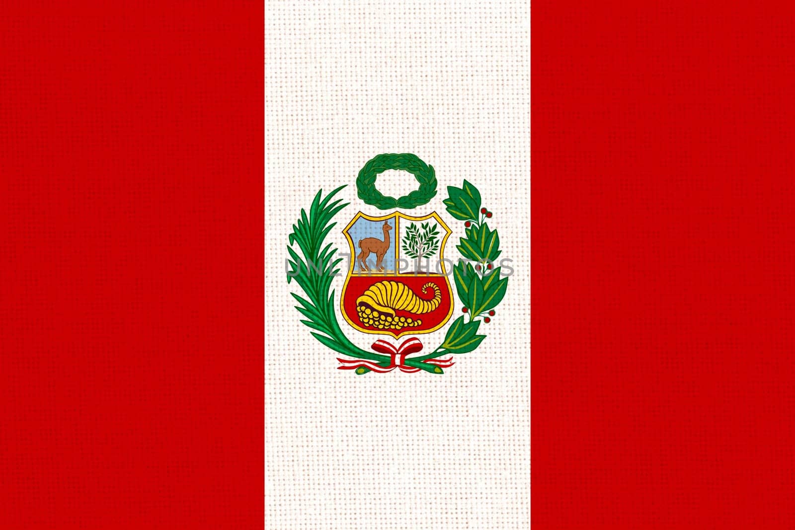 Flag of Peru. Peruvian flag on fabric surface. Republic of Peru. Peru national flag. state symbol. Fabric texture. National symbol.