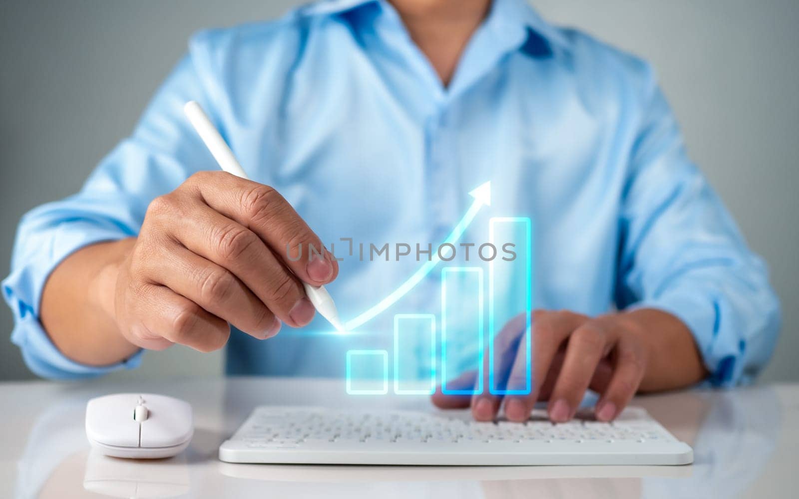 Stock market, Business growth, progress or success concept. Businessman or trader is showing a growing virtual hologram stock, invest in trading.