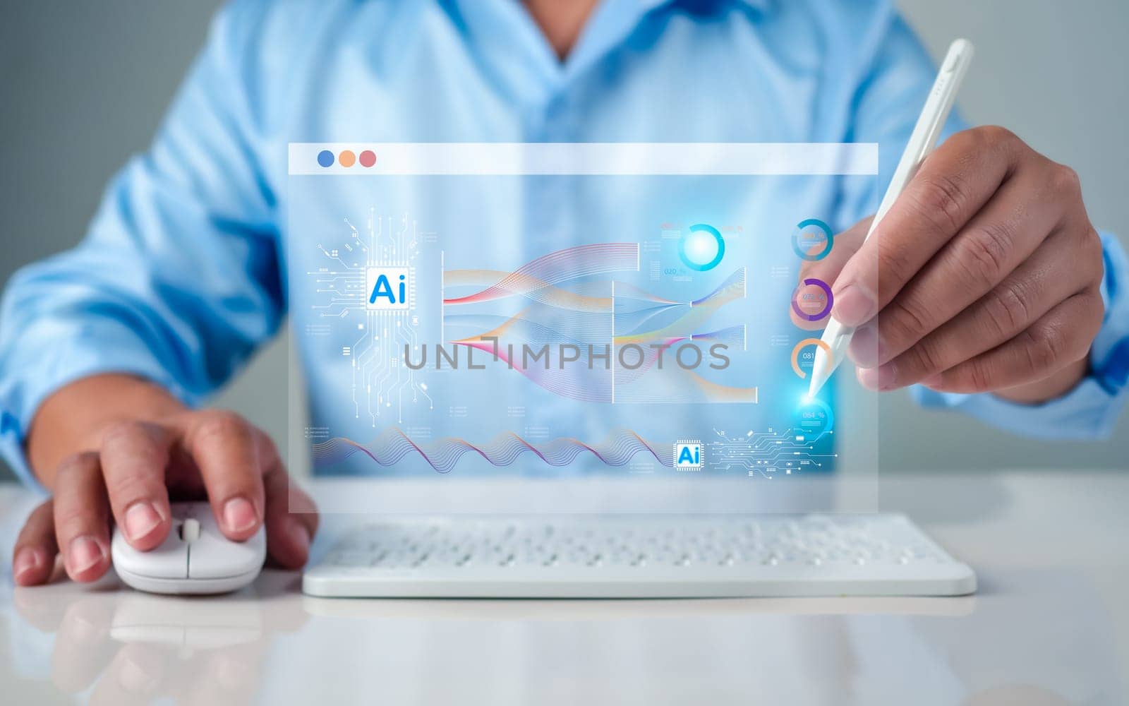 Human hand holding stylus pen touching of AI system, Symbolic, Machine learning, artificial intelligence of futuristic technology, AI network of brain on business analysis.