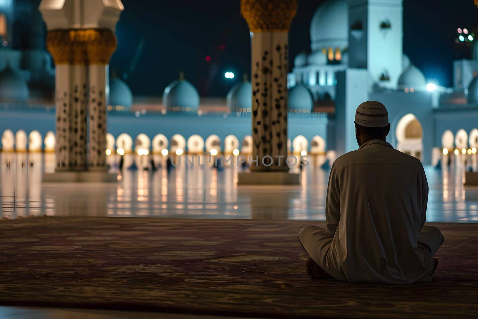 Muslim prayer in white clothes sitting in front of mosque at Ramadan night with selective focus. Neural network generated in January 2024. Not based on any actual scene or pattern.