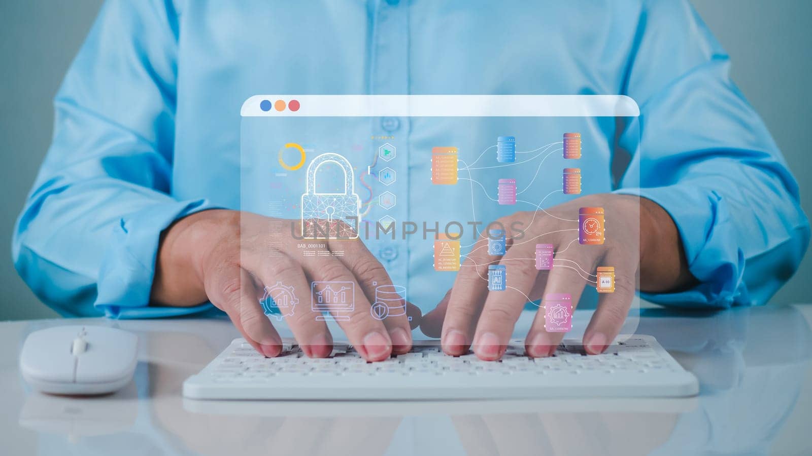 Businessman using computer secure encryption technology, cybersecurity privacy of data protection, security Internet access, security encryption of user private data, business confidentiality.