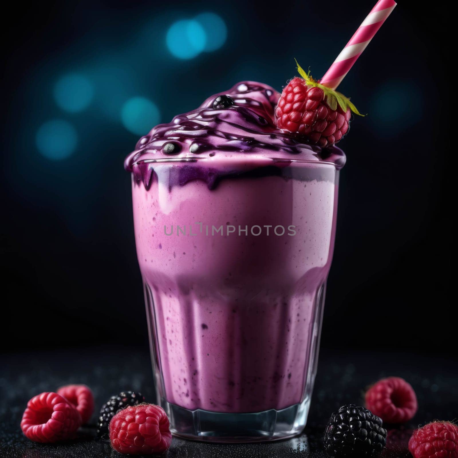 Delicious blackberry and raspberry milkshake with a straw