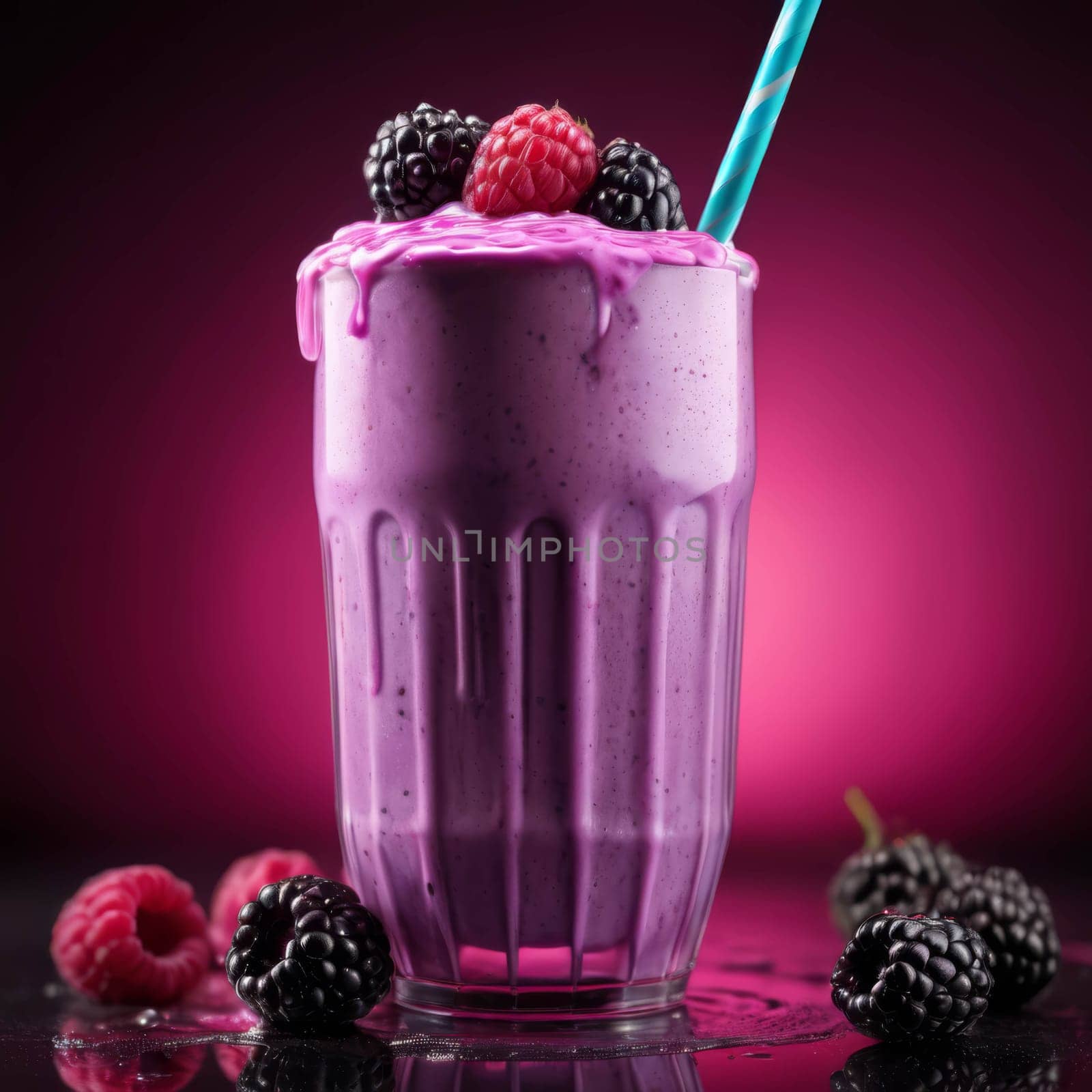 Delicious blackberry and raspberry milkshake with a straw