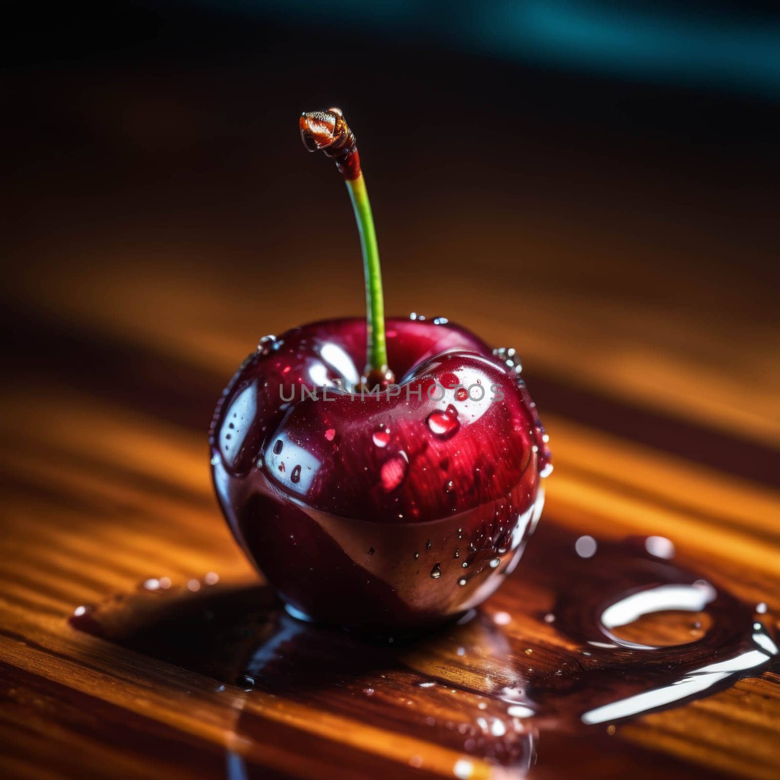 Macro shot of cherry in water puddle