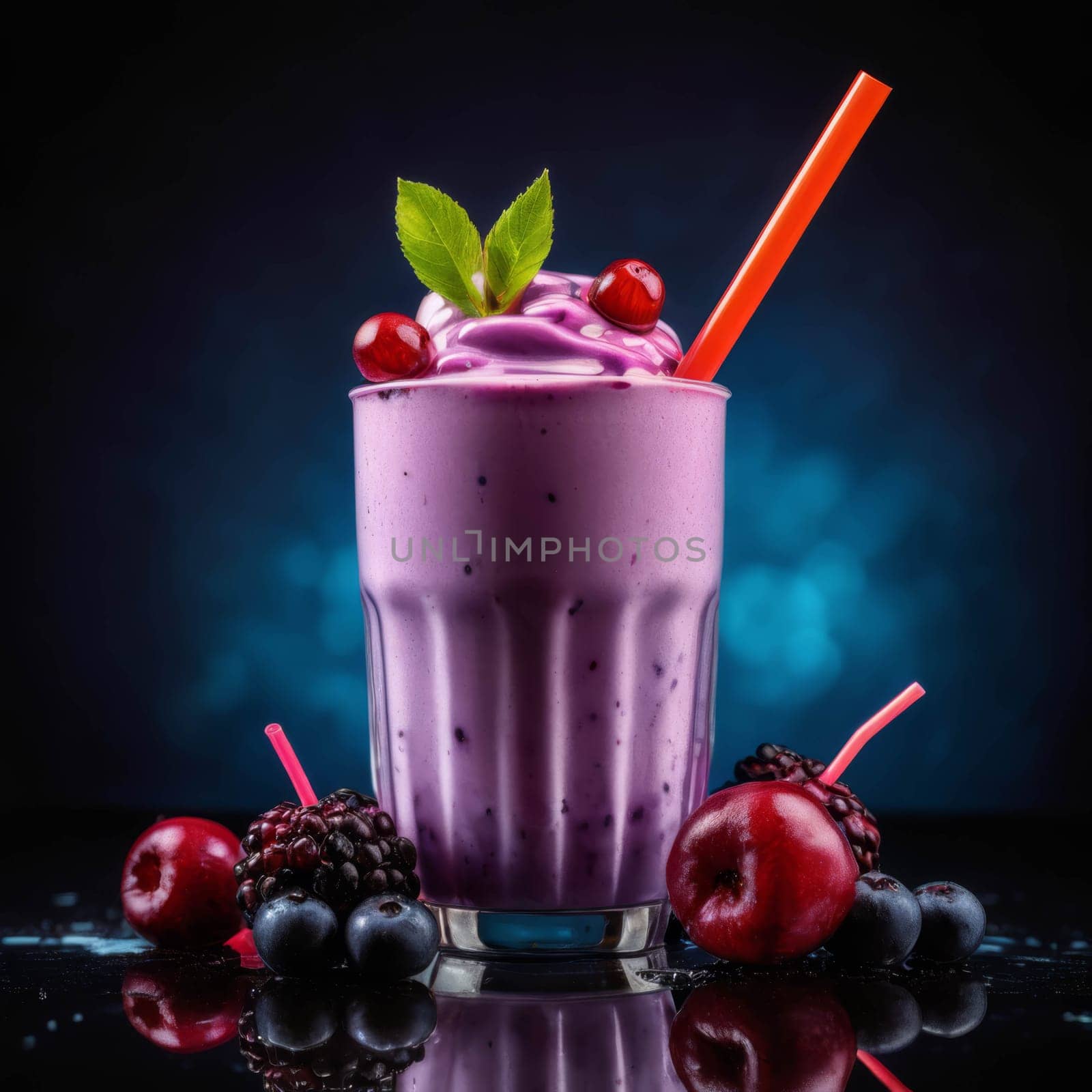 Delicious wild fruit milkshake with a straw