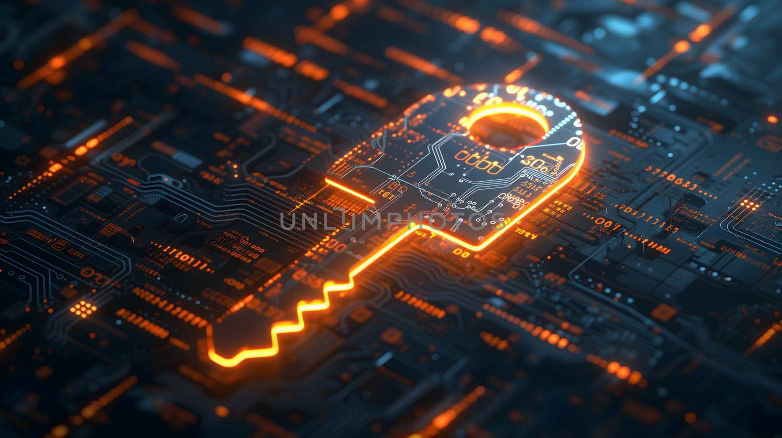 Orange holographic key icon on flat glowing futuristic circuit board background. Neural network generated image. Not based on any actual person or scene.