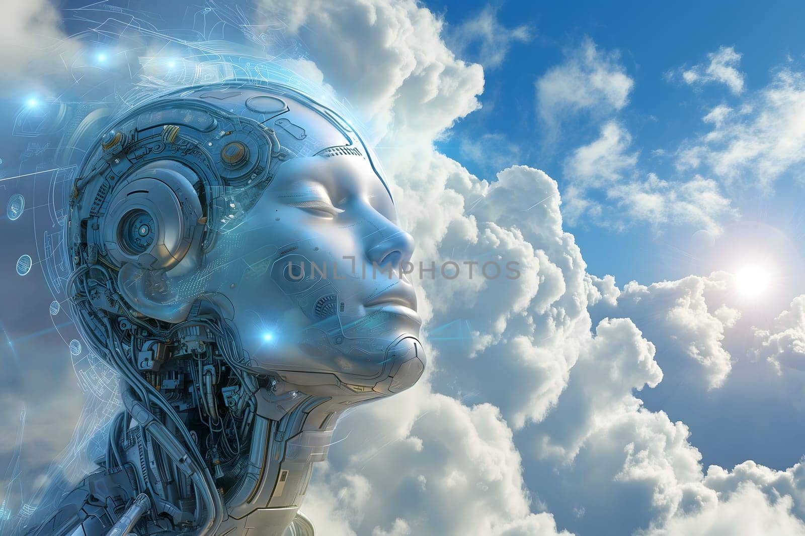 android face on cloudy sky background, AI god concept