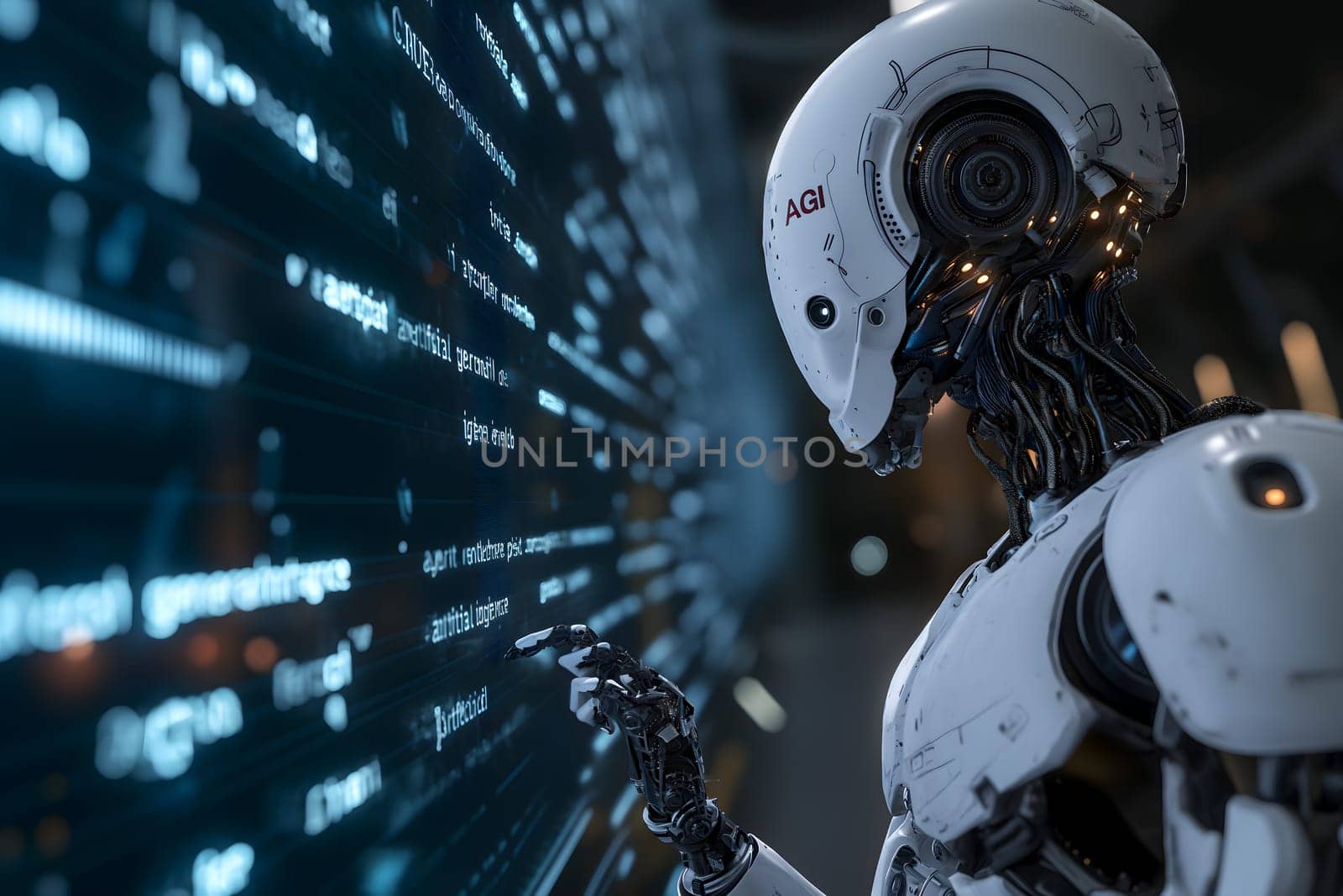 Android head on abstract cybernetic data background. Neural network generated image. Not based on any actual person or scene.