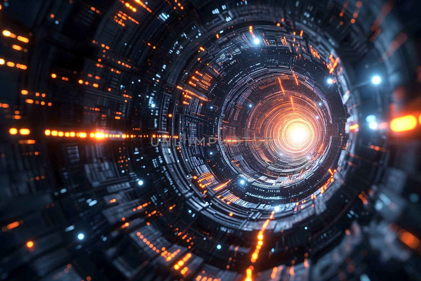 Abstract cyber tunnel with diminishing perspective for technological singularity concept. Neural network generated image. Not based on any actual person or scene.
