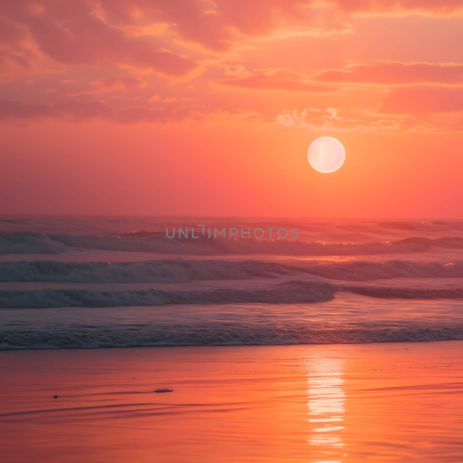 Orange sunset on the beach with surf. Neural network generated image. Not based on any actual scene or pattern.